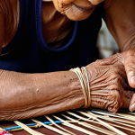 **Prompt 1: The Essence of Thai Craftsmanship and Storytelling**
    A close-up shot of an elderly Thai artisan's weathered hands meticulously working on a unique local product, such as weaving intricate silk patterns or carving wood. The image should convey a sense of generational wisdom, dedication, and the authentic story embedded in the craft. Natural light highlights the textures and details of the product and the artisan's focused expression, emphasizing the spirit of local heritage.