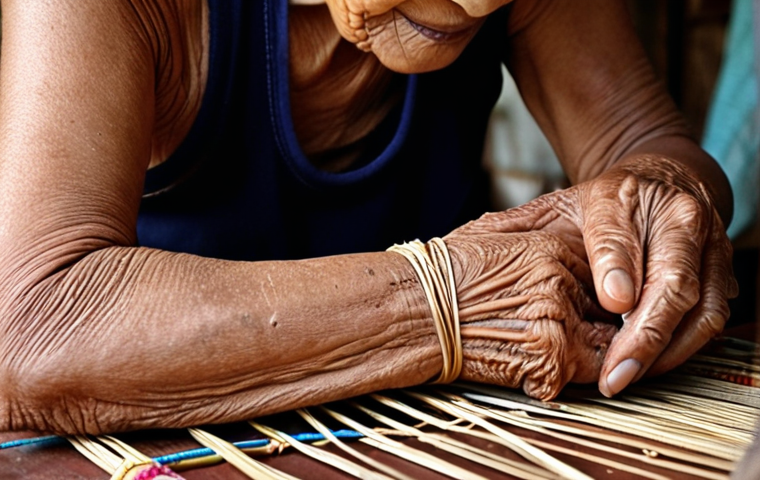 **Prompt 1: The Essence of Thai Craftsmanship and Storytelling**
    A close-up shot of an elderly Thai artisan's weathered hands meticulously working on a unique local product, such as weaving intricate silk patterns or carving wood. The image should convey a sense of generational wisdom, dedication, and the authentic story embedded in the craft. Natural light highlights the textures and details of the product and the artisan's focused expression, emphasizing the spirit of local heritage.