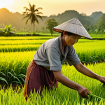 **Image of a Thai farmer lovingly tending to Jasmine rice plants in a lush green field, golden hour lighting, traditional Thai farming tools.** (Emphasizes the origin and care in production - Storytelling aspect)