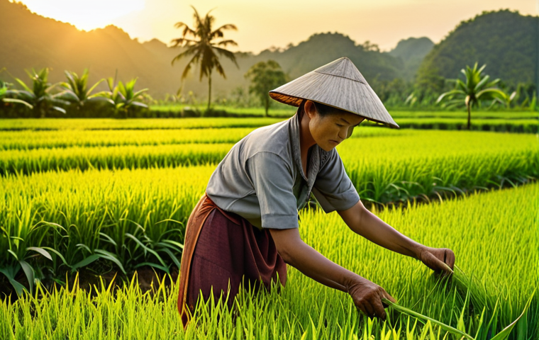 **Image of a Thai farmer lovingly tending to Jasmine rice plants in a lush green field, golden hour lighting, traditional Thai farming tools.** (Emphasizes the origin and care in production - Storytelling aspect)