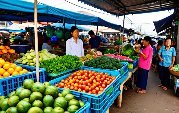 Thriving Local Market**

"A vibrant and bustling local market in Thailand, filled with farmers selling fresh produce, fully clothed vendors and shoppers interacting, safe for work, appropriate content, family-friendly atmosphere, colorful fruits and vegetables, modest clothing, perfect anatomy, natural proportions, professional photography, high quality, shallow depth of field."

**