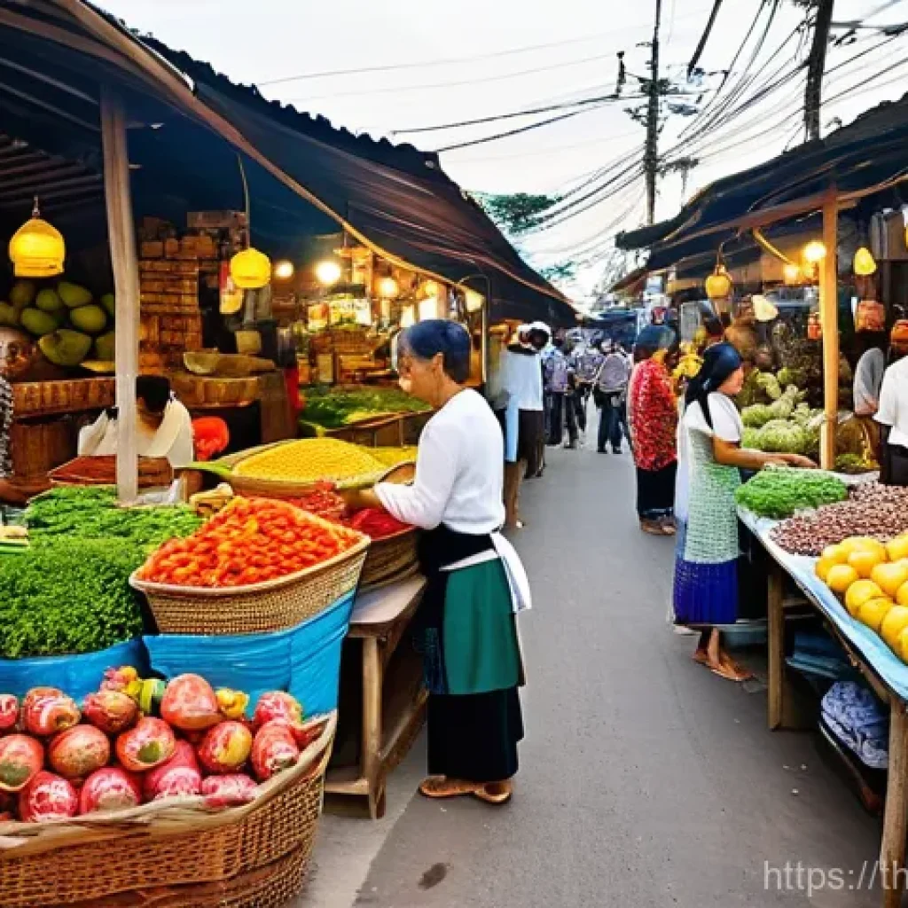 지역생산이란 무엇인가 - **Vibrant Thai Local Market Scene:**
A bustling outdoor market in a lively Thai village, bathed ...