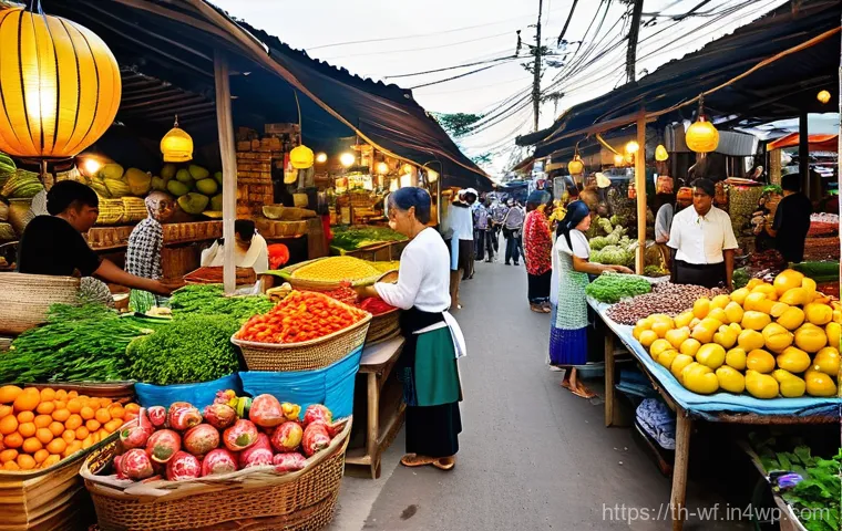 지역생산이란 무엇인가 - **Vibrant Thai Local Market Scene:**
    A bustling outdoor market in a lively Thai village, bathed ...