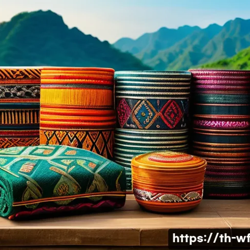 지역생산의 사례 연구 - A vibrant packaging design showcasing traditional northern Thai woven fabric patterns, intricately d...