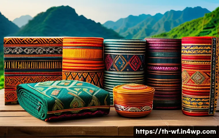 지역생산의 사례 연구 - A vibrant packaging design showcasing traditional northern Thai woven fabric patterns, intricately d...