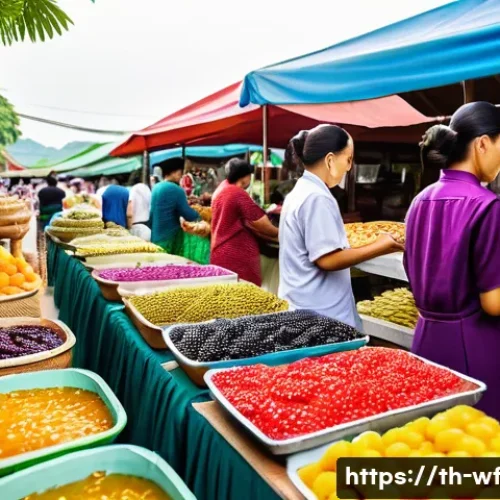 Home 33 지역생산과 경제적 자립 - A vibrant rural Thai community market scene showcasing local farmers and artisans selling value-adde...