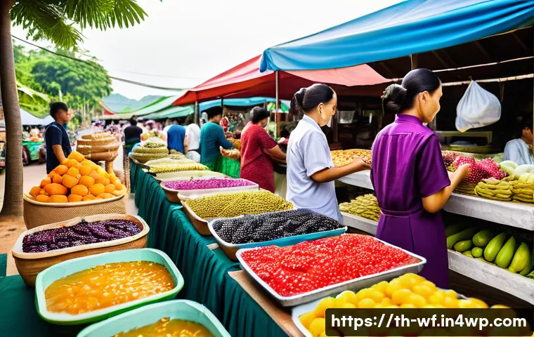 지역생산과 경제적 자립 - A vibrant rural Thai community market scene showcasing local farmers and artisans selling value-adde...