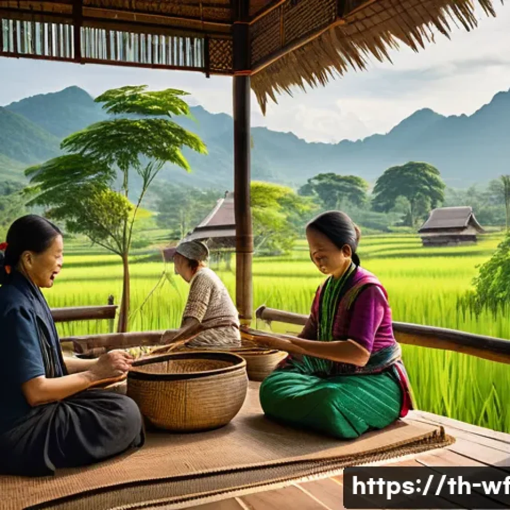 지역생산 트렌드의 글로벌 사례 - A vibrant scene of a rural Thai community group collaboratively weaving traditional handwoven fabric...
