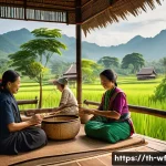 Home 20 지역생산 트렌드의 글로벌 사례 - A vibrant scene of a rural Thai community group collaboratively weaving traditional handwoven fabric...