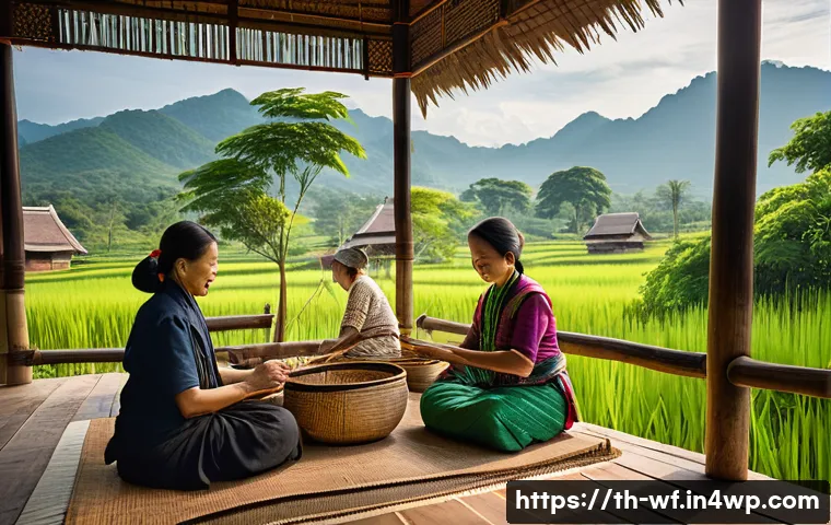 지역생산 트렌드의 글로벌 사례 - A vibrant scene of a rural Thai community group collaboratively weaving traditional handwoven fabric...
