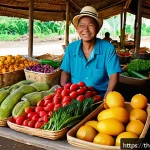 Home 19 지역생산과 소비자 행동 변화 - A vibrant local Thai market scene showcasing fresh organic fruits and vegetables displayed in tradit...