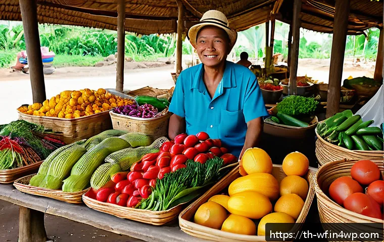 지역생산과 소비자 행동 변화 - A vibrant local Thai market scene showcasing fresh organic fruits and vegetables displayed in tradit...